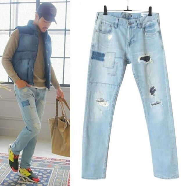 BAYFLOW DENIM パッチワーク クラッシュ リペア加工テーパードデニム