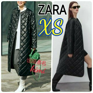 ザラ(ZARA)のZARA　(XS　黒)　 フェイクレザーロングパフジャケット　パフコート(ロングコート)