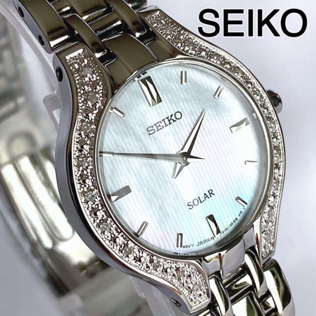 腕時計海外版  Seiko ソーラー 白蝶貝とダイヤモンドが美しい女性用腕時計 新品