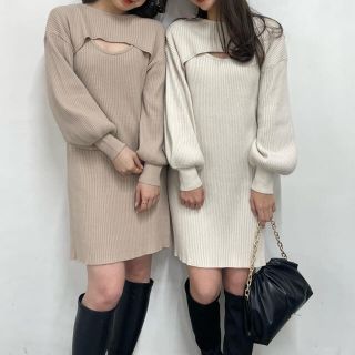 フーズフーチコ(who's who Chico)のショート丈リブニット+タンクミニワンピースSET beige(ミニワンピース)