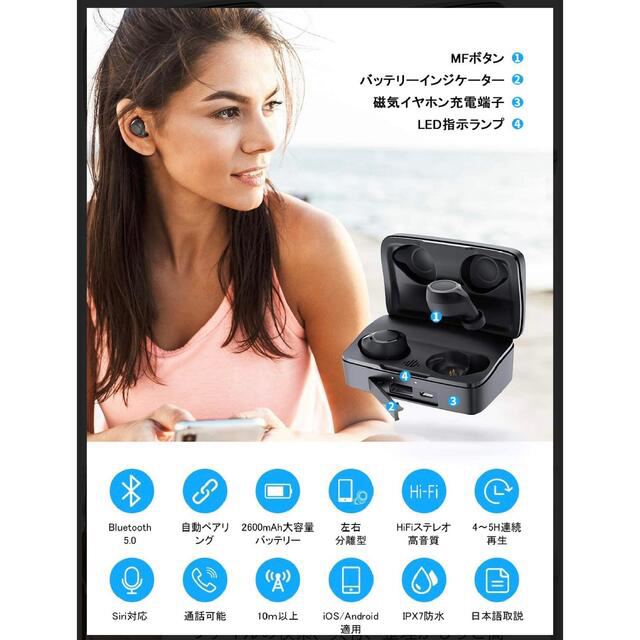 ワイヤレスイヤホン bluetooth 5.0 自動接続　ノイズキャンセリング　 スマホ/家電/カメラのオーディオ機器(ヘッドフォン/イヤフォン)の商品写真