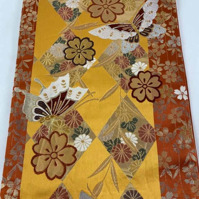 ☆244 名古屋帯 縮緬 水仙 黄色 クリーム色 落款入り 作家物 帯 着物