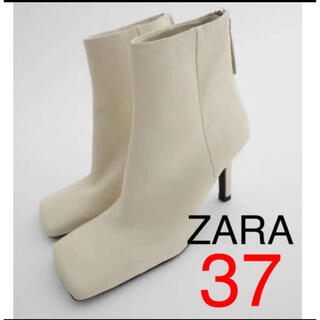 ザラ(ZARA)のZARA スクエアトゥハイヒールレザーブーツ　37(ブーツ)