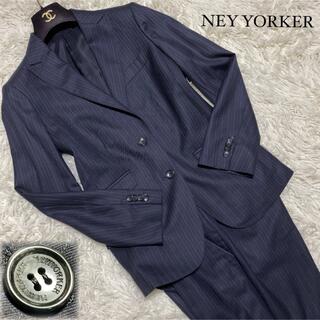 ニューヨーカー(NEWYORKER)の美品♡ニューヨーカー フレアパンツスーツ ストライプ シルク混 ネイビー(スーツ)