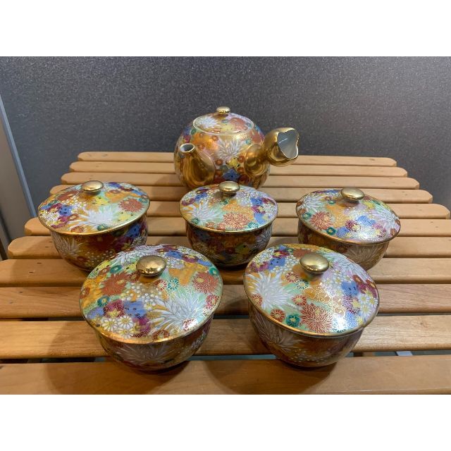 九谷焼 章山窯 章山花詰 茶器揃 蓋付湯呑5客揃 色絵 九谷焼 章山窯 章山花詰 茶器揃 蓋付湯呑5客揃 色絵