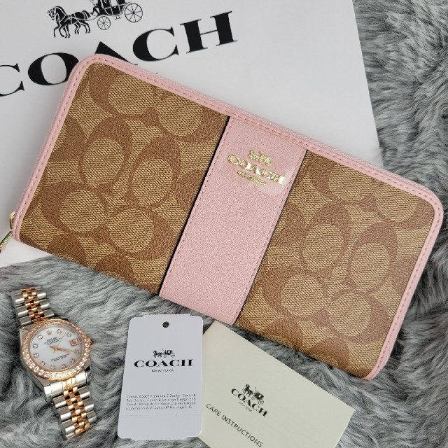 【定番・春先取り♪】COACH コーチ 長財布 シグネチャー ピンクライン