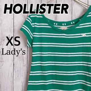 ホリスター(Hollister)のHOLLISTERホリスターXSサイズ ボーダー緑グリーン ワンポイントロゴ古着(Tシャツ(半袖/袖なし))
