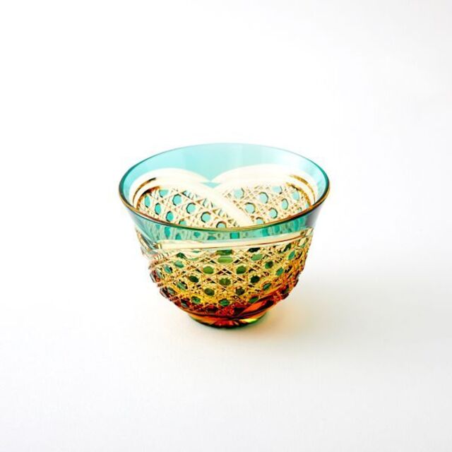 送料無料 江戸切子アンバークリスタル冷茶グラス（緑）籠目デザイン （323）
