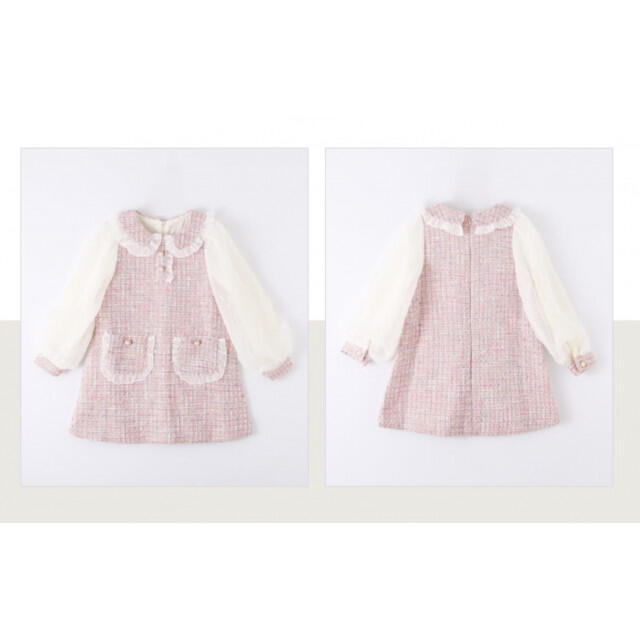 110 キッズ ツイード チェック柄 ワンピース 長袖 シフォン 清楚 可愛い キッズ/ベビー/マタニティのキッズ服女の子用(90cm~)(ワンピース)の商品写真