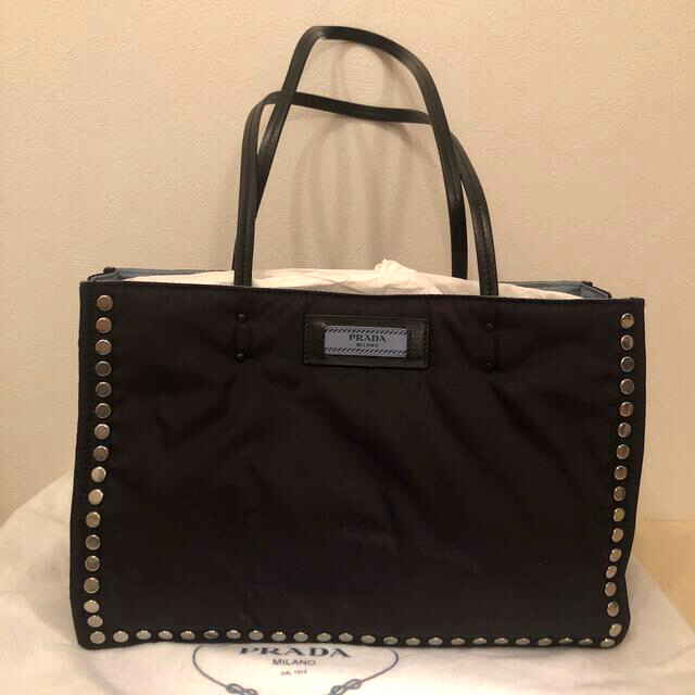 【美品】PRADA TESSUTO レザー ナイロン トートバッグ　黒　スタッズ