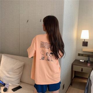 【即日発送】PEANUTS キャラ Tシャツ　オレンジ スヌーピー　韓国(Tシャツ(半袖/袖なし))