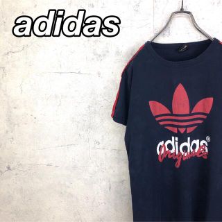 アディダス(adidas)の希少 90s アディダス Tシャツ プリントロゴ 袖ライン 美品(Tシャツ(半袖/袖なし))