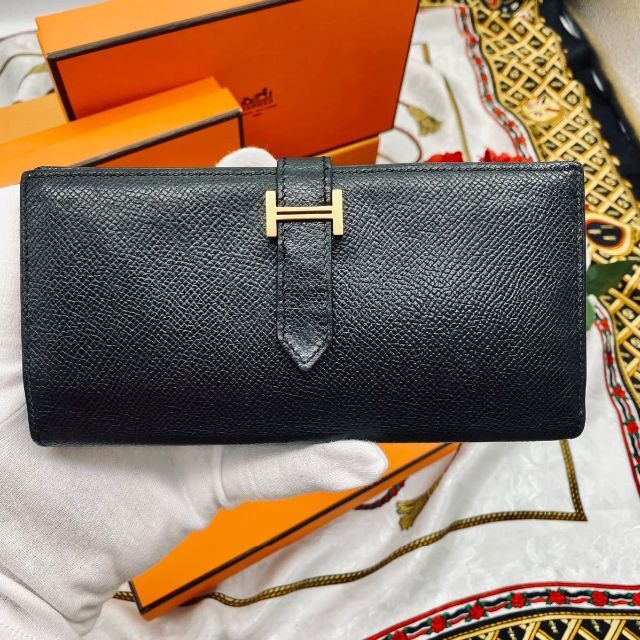 H - 美品 HERMES エルメス ベアンスフレ ブラック マチあり 長財布 □J