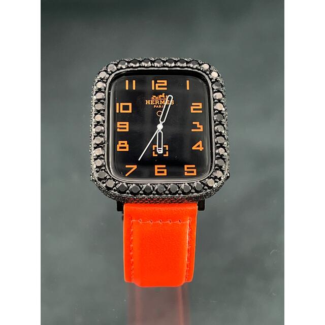 Apple Watch(アップルウォッチ)のアップルウォッチ　CZブラックダイヤベゼル　本革ネオンレザーベルトセット メンズの時計(レザーベルト)の商品写真