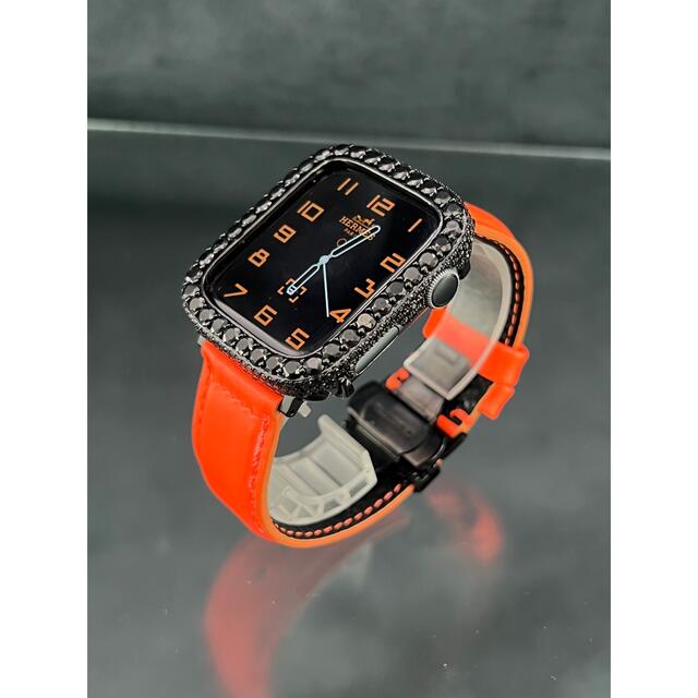 Apple Watch(アップルウォッチ)のアップルウォッチ　CZブラックダイヤベゼル　本革ネオンレザーベルトセット メンズの時計(レザーベルト)の商品写真