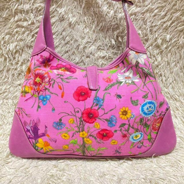 美品GUCCI フローラ ジャッキー ワンショルダー 蛍光ピンク 花柄16158