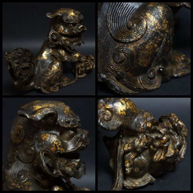 【83%OFF!】 明治期 古銅鍍金 金工細工 絡み親子獅子 大型置物 戯れ