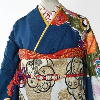 振袖 セット 新品 オーダー仕立て 捻り梅 金駒刺繍 紺 ブルー 成人式