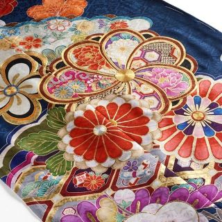 振袖 セット 新品 オーダー仕立て 捻り梅 金駒刺繍 紺 ブルー 成人式の