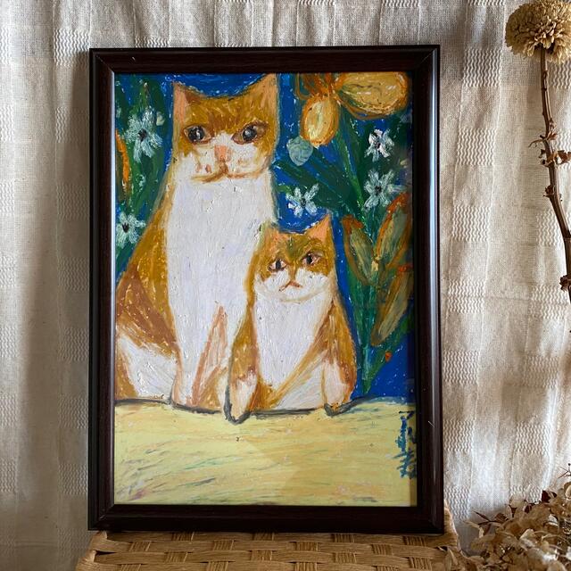 絵画 。壁掛け絵原画手描き、【2匹の猫の青空と花の香り】