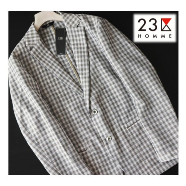 23区(ニジュウサンク)の新品【23区HOMME オム】軽量 春夏チェック2Bジャケット薄灰 48(L) メンズのジャケット/アウター(テーラードジャケット)の商品写真