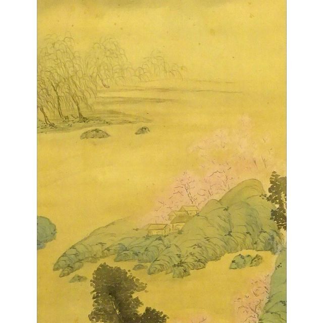 掛軸 岩崎嘯雲『春景山水図』日本画 絹本 掛け軸 a011518-