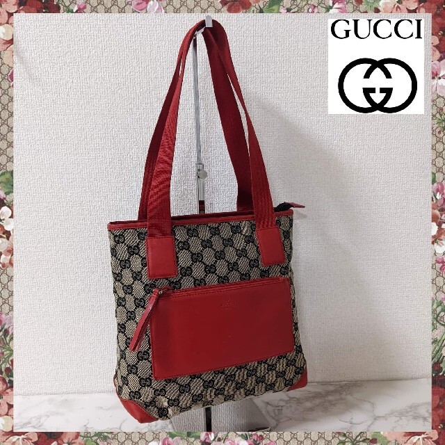 Gucci(グッチ)のGUCCI グッチ トートバッグ ナイロンGGキャンバス ベージュ×レッド レディースのバッグ(トートバッグ)の商品写真