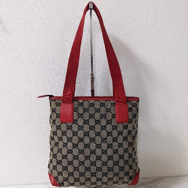 Gucci(グッチ)のGUCCI グッチ トートバッグ ナイロンGGキャンバス ベージュ×レッド レディースのバッグ(トートバッグ)の商品写真