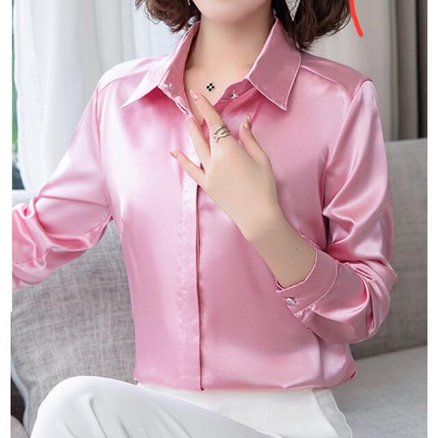 ブラウス シャツ サテン 長袖 シンプル 無地 上品 ピンク XL レディースのトップス(シャツ/ブラウス(長袖/七分))の商品写真