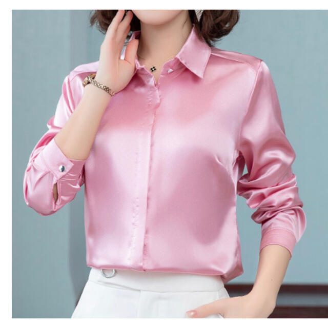 ブラウス シャツ サテン 長袖 シンプル 無地 上品 ピンク XL レディースのトップス(シャツ/ブラウス(長袖/七分))の商品写真