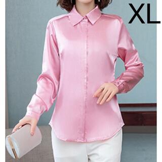 ブラウス シャツ サテン 長袖 シンプル 無地 上品 ピンク XL(シャツ/ブラウス(長袖/七分))