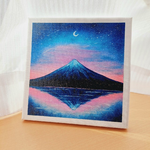油絵　絵画　原画　月灯りの富士山