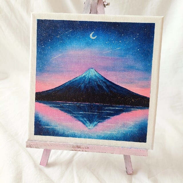 油絵　絵画　原画　月灯りの富士山