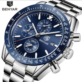 【海外限定モデル】Benyar メンズ高級腕時計アナログ クロノグラフ ブルー(腕時計(アナログ))