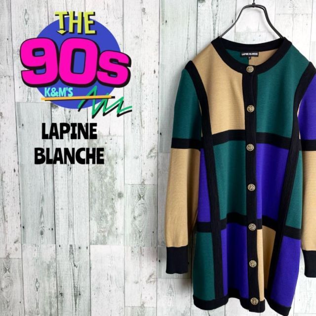 【特別訳あり特価】 90's LAPINE 日本製　金ボタン　キューブチェックニット BLANCHE ニット+セーター
