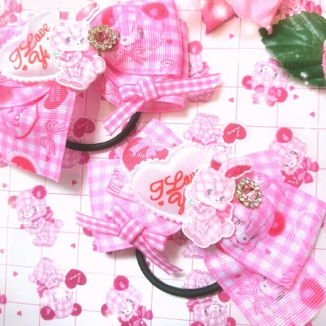 pinkチェックうさぎくまさん♡アシンメトリーリボン ツイン♡ヘアゴム ファッション雑貨