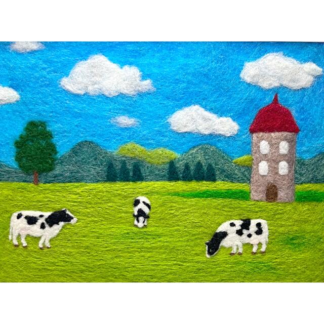 羊毛フェルト 刺繍アート 青空の牧場 ハンドメイドのインテリア/家具(アート/写真)の商品写真