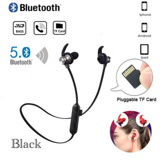 Bluetooth 5.0 イヤホン 両耳 ワイヤレス マイク TF無線 黒(ヘッドフォン/イヤフォン)
