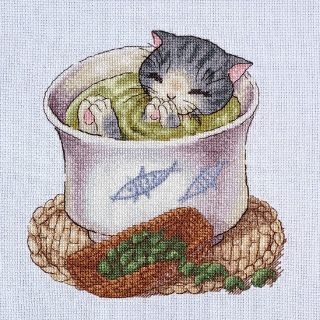 お茶猫　キジトラ　クロスステッチ完成品(アート/写真)