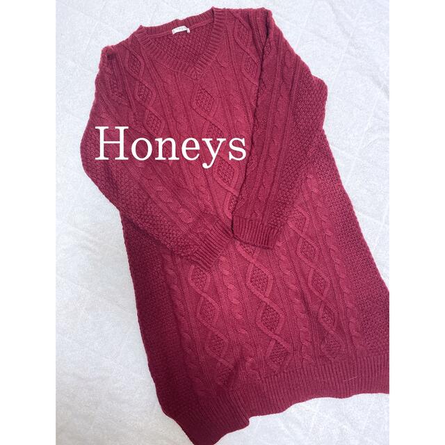 HONEYS(ハニーズ)のＶネック　ニットワンピース　ボルドー レディースのワンピース(ミニワンピース)の商品写真