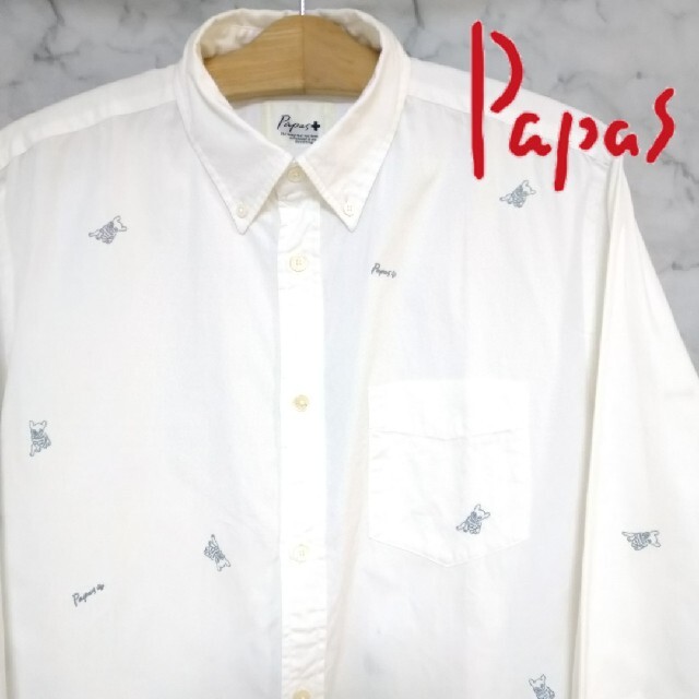 【美品・貴重】Papas+　長袖　シャツ　ホワイト　刺繍　Lサイズ
