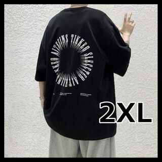5分袖　メンズ　バックプリント　Ｔシャツ　ブラック　2XL(Tシャツ/カットソー(半袖/袖なし))