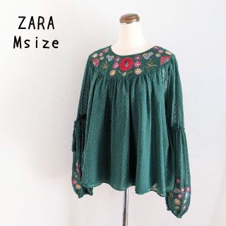 ザラ(ZARA)の【美品】ZARA　ザラ　花柄刺繍　長袖カットソー　ブラウス　シフォン　ボリューム(カットソー(長袖/七分))