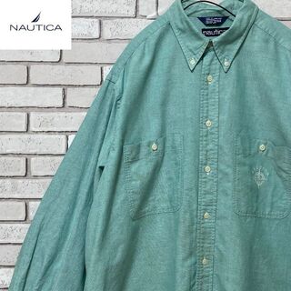 ノーティカ(NAUTICA)のレア nautica 長袖BDシャツ シンプル ロゴ刺繍入り ライトグリーンL(シャツ)