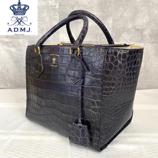 A.D.M.J】クロコ型押し ネイビー ゴールド金具 レザー ハンドバッグ
