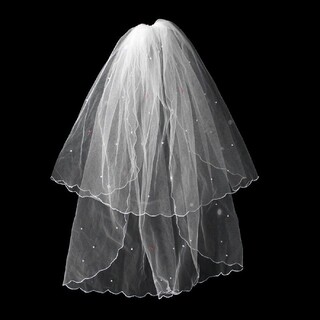 パールフリルウエディングベール白ホワイトコーム櫛くし付きシンプル結婚式ミドル丈(ウェディングドレス)