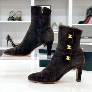 CHANEL シャネル Suede Cap Toe Cork Platform Heel Lace Up Ankle Boots G28977 スエード アンクルショートブーツ ネイビー レディース