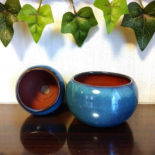 2.5号と3.5号 ブルー 陶器鉢 丸鉢 植木鉢 盆栽鉢 ミニ盆栽 山野草鉢の