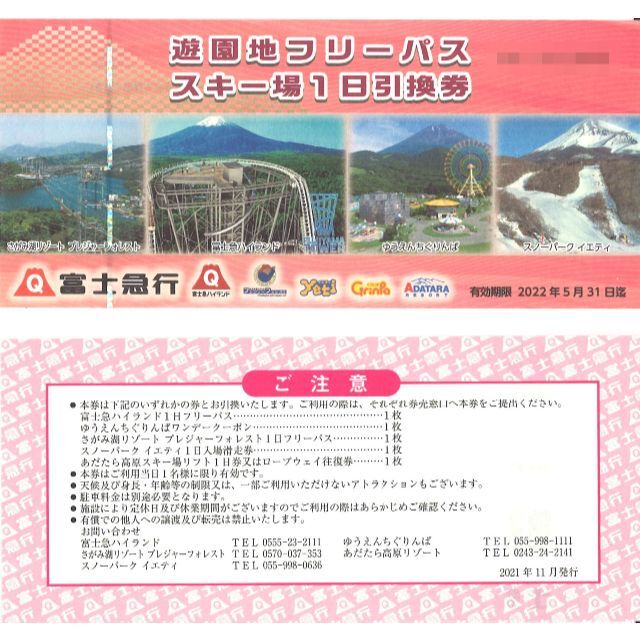 富士急行株主優待 遊園地フリーパス/スキー場1日引換券 1枚 23.11.30迄