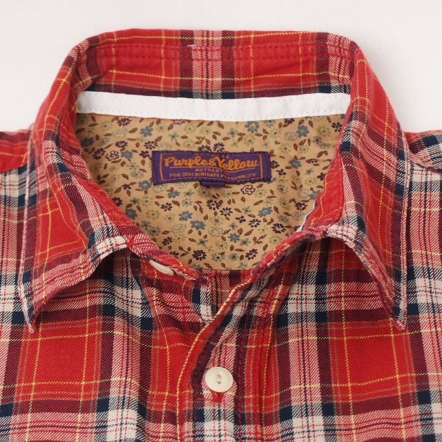 PURPLE＆YELLOW コットン チェックシャツ レッド Sサイズ メンズのトップス(シャツ)の商品写真